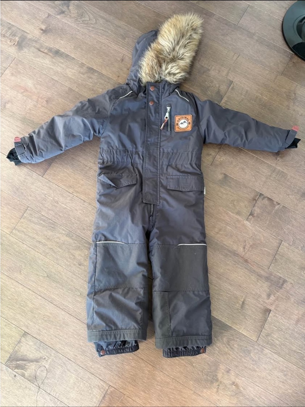 Kids Hooded Winter One-Piece Snowsuit in Dark Gray with Faux Fur Trim